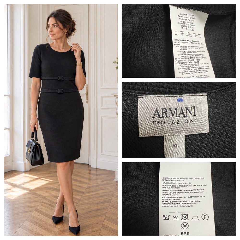 Armani Collezioni Black Ribbed Sheath Dress
Double Buckle Waist LBD Sz 14
Money - Picture 7 of 15
